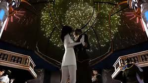 Squall and Rinoa from Final Fantasy VIII, dancing under fireworks